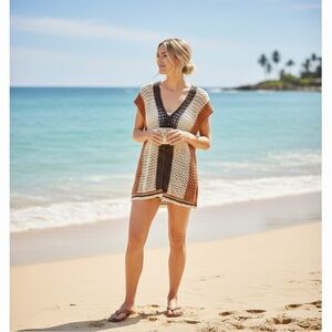 Bibi boho crocheted open knit cover up. Brown/cream/rust. XL